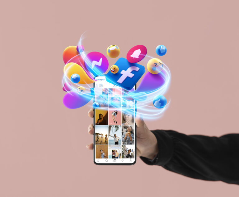 Ilustración de una pantalla de celular con gráficos de social media